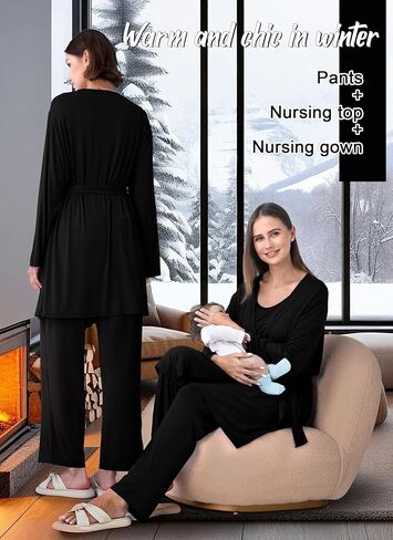 Rnxrbb 4 PCS Nursing Pajamas Gown Set Postpartum Pajama Nightgown Breastfeeding Pj for Hospital Labor Delivery in Kuwait