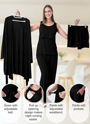 Rnxrbb 4 PCS Nursing Pajamas Gown Set Postpartum Pajama Nightgown Breastfeeding Pj for Hospital Labor Delivery in Kuwait