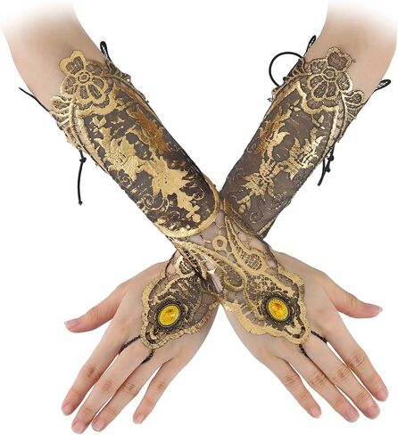 Bronzing Lace Gloves Women Steampunk Gothic Glove Vintage Floral Fingerless Glove with Ring for Wedding Tea Party Decor Cosplay Costume Accessories in Saudi Arabia