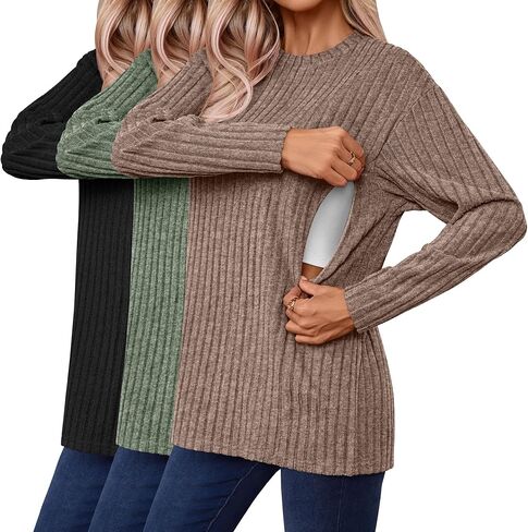 3 Pack Women's Nursing Shirts for Breastfeeding Zipper Ribbed Oversized Sweater Cotton Long Sleeve Maternity Tops in Kuwait