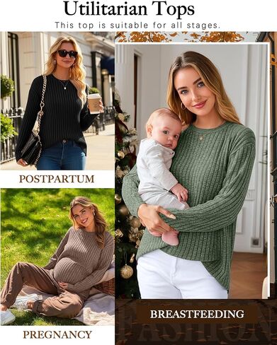 3 Pack Women's Nursing Shirts for Breastfeeding Zipper Ribbed Oversized Sweater Cotton Long Sleeve Maternity Tops in Kuwait