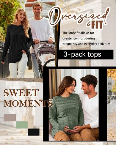 3 Pack Women's Nursing Shirts for Breastfeeding Zipper Ribbed Oversized Sweater Cotton Long Sleeve Maternity Tops in Kuwait