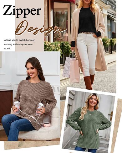 3 Pack Women's Nursing Shirts for Breastfeeding Zipper Ribbed Oversized Sweater Cotton Long Sleeve Maternity Tops in Kuwait