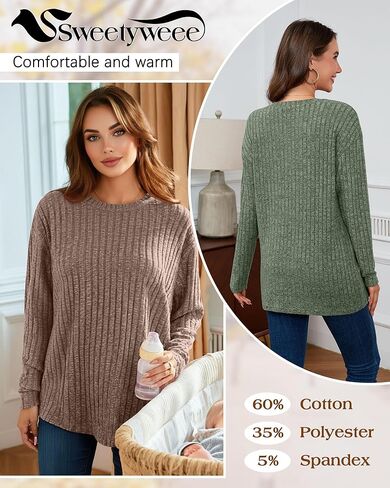 3 Pack Women's Nursing Shirts for Breastfeeding Zipper Ribbed Oversized Sweater Cotton Long Sleeve Maternity Tops in Kuwait