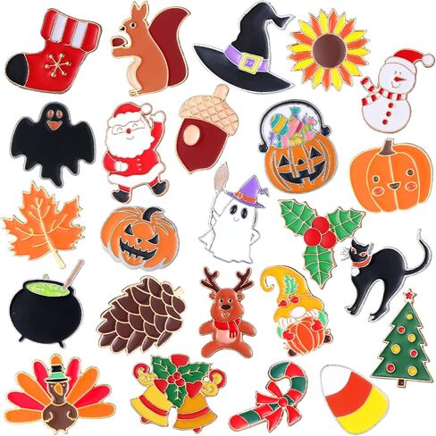Yinkin 24 Pcs Holiday Enamel Pin Fall Halloween Thanksgiving Christmas Enamel Brooch Pin for Backpack Lapel Mixed Badge Gift in Saudi Arabia