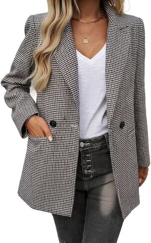 Womens Casual Blazer Open Front Lapel Houndstooth Jacket Blazers Bussiness Work Office Suits with Pockets in Saudi Arabia