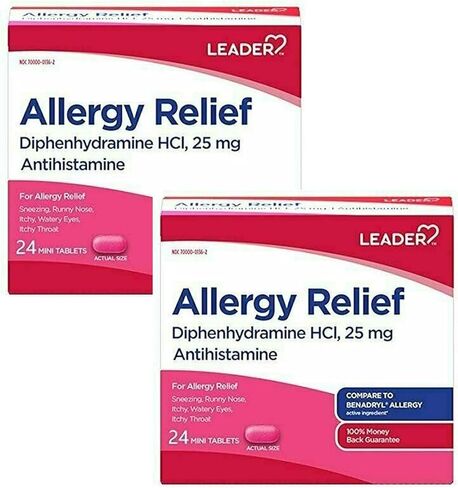 Leader Antihistamine Allergy Relief Diphenhydramine HCl, 25mg Mini Tablets, 24 Count Pack of 2 in Saudi Arabia