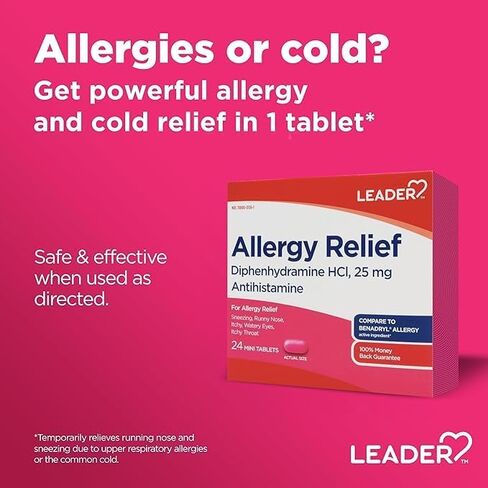 Leader Antihistamine Allergy Relief Diphenhydramine HCl, 25mg Mini Tablets, 24 Count Pack of 2 in Saudi Arabia