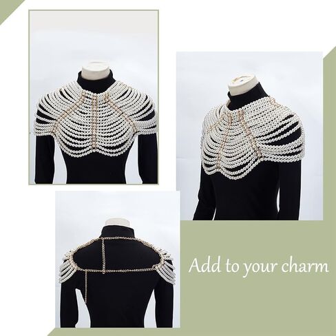 AHANDMAKER Pearl Body Chain Shoulder Necklaces Bra Chain Beaded Arm Chains Body Jewelry Summer Beach Bikini Shoulder Harness Wedding Party Accessories for Women, Golden in Saudi Arabia