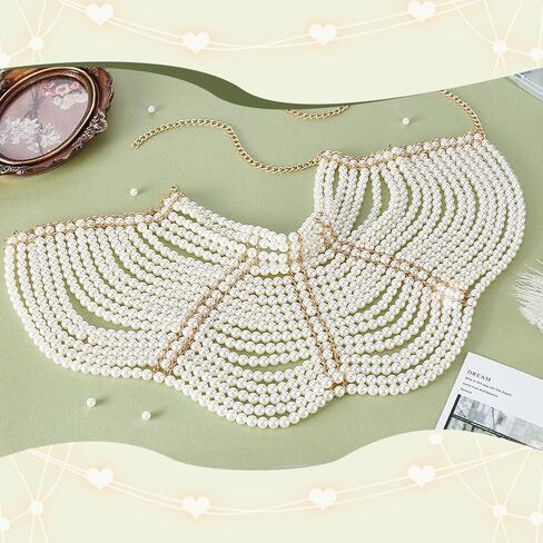 AHANDMAKER Pearl Body Chain Shoulder Necklaces Bra Chain Beaded Arm Chains Body Jewelry Summer Beach Bikini Shoulder Harness Wedding Party Accessories for Women, Golden in Saudi Arabia