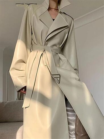 Women Belt Double Breasted Long Faux Leather Trench Coat in Saudi Arabia