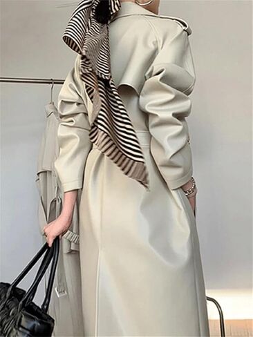 Women Belt Double Breasted Long Faux Leather Trench Coat in Saudi Arabia