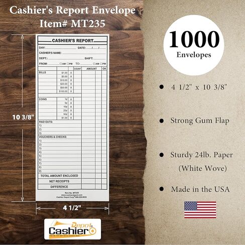 500 Cashier Depot MT235 Cashier's Report Envelope, 4 1/2" x 10 3/8", Sturdy 24lb. White, Cash Envelopes For Hotels, Restaurants, Gas Stations & Retailers (500 Envelopes) in Kuwait