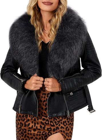 Bellivera Women's Faux Leather Jacket Moto Biker Sherpa-Lined Coat with Removable Fur Collar in Saudi Arabia