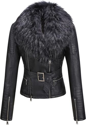 Bellivera Women's Faux Leather Jacket Moto Biker Sherpa-Lined Coat with Removable Fur Collar in Saudi Arabia