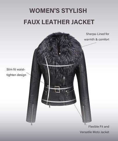 Bellivera Women's Faux Leather Jacket Moto Biker Sherpa-Lined Coat with Removable Fur Collar in Saudi Arabia