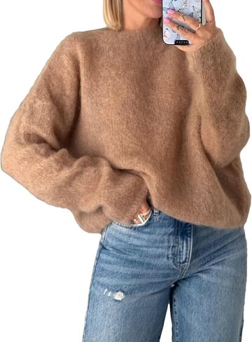 Womens Soft Fuzzy Knit Sweater Oversized Cozy Pullover Jumper Long Sleeve Casual Crewneck Sweater in Saudi Arabia