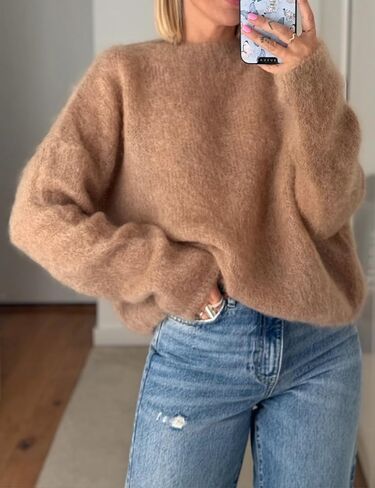 Womens Soft Fuzzy Knit Sweater Oversized Cozy Pullover Jumper Long Sleeve Casual Crewneck Sweater in Saudi Arabia