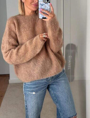 Womens Soft Fuzzy Knit Sweater Oversized Cozy Pullover Jumper Long Sleeve Casual Crewneck Sweater in Saudi Arabia