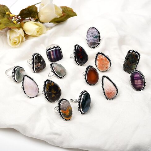 Women's Chunky Silver Rings Pack - 10 Pcs Stackable Fashion Ring Set, Silver Plated Statement Knuckle Handmade Gemstone Gothic Vintage Rings in Saudi Arabia
