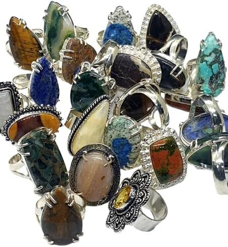 Women's Chunky Silver Rings Pack - 10 Pcs Stackable Fashion Ring Set, Silver Plated Statement Knuckle Handmade Gemstone Gothic Vintage Rings in Saudi Arabia