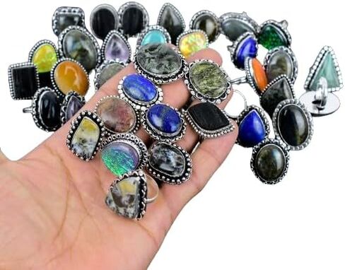 Women's Chunky Silver Rings Pack - 10 Pcs Stackable Fashion Ring Set, Silver Plated Statement Knuckle Handmade Gemstone Gothic Vintage Rings in Saudi Arabia