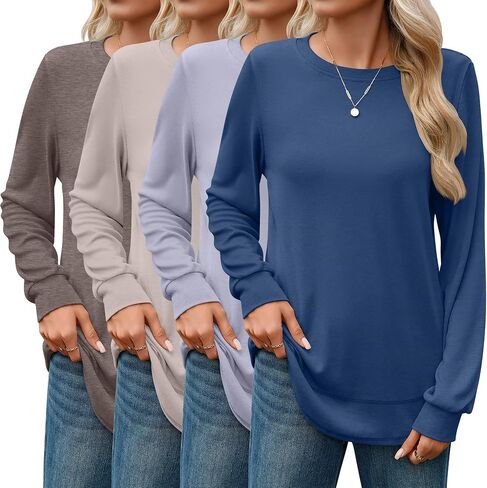4 Pack Women's Long Sleeve Shirts, Crew Neck Cotton Tees Curved Hem Tunic Pullover Sweatshirts Knit Loose T-Shirts in Saudi Arabia