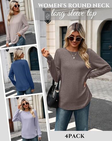 4 Pack Women's Long Sleeve Shirts, Crew Neck Cotton Tees Curved Hem Tunic Pullover Sweatshirts Knit Loose T-Shirts in Saudi Arabia