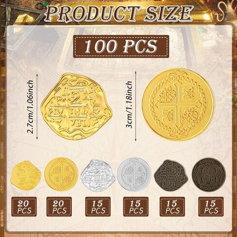 Hanaive 100 Pcs Metal Pirate Coins Pirate Coins Treasure Chest Spanish Doubloon Fake Coins Tokens for Kids Board Games Pirate Party Cosplay (Bronze,Irregular) in Saudi Arabia
