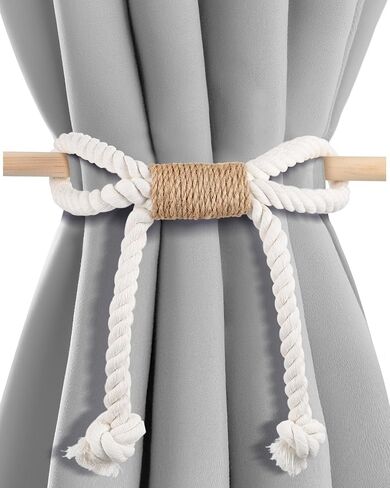 SATINIOR 2 Pack Boho Curtain Tiebacks Bow Rustic Holdbacks for Drapes Natural Cotton Rope Farmhouse Curtain Tie Back Holder with Wood Stick Decorative Boho Decor for Home Office Window Drapery Beige in Saudi Arabia