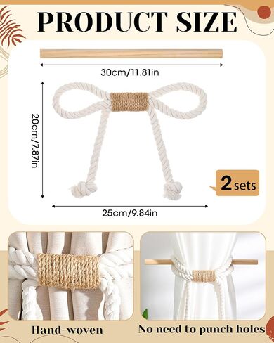 SATINIOR 2 Pack Boho Curtain Tiebacks Bow Rustic Holdbacks for Drapes Natural Cotton Rope Farmhouse Curtain Tie Back Holder with Wood Stick Decorative Boho Decor for Home Office Window Drapery Beige in Saudi Arabia