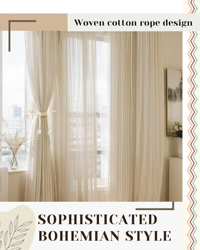 SATINIOR 2 Pack Boho Curtain Tiebacks Bow Rustic Holdbacks for Drapes Natural Cotton Rope Farmhouse Curtain Tie Back Holder with Wood Stick Decorative Boho Decor for Home Office Window Drapery Beige in Saudi Arabia
