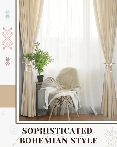 SATINIOR 2 Pack Boho Curtain Tiebacks Bow Rustic Holdbacks for Drapes Natural Cotton Rope Farmhouse Curtain Tie Back Holder with Wood Stick Decorative Boho Decor for Home Office Window Drapery Beige in Saudi Arabia
