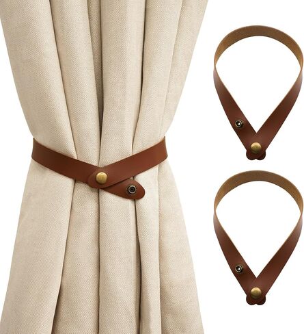 Home Queen PU Leather Curtain Tiebacks, Modern Faux Leather Curtain Straps with Adjustable Buttons, No Drill Holdbacks for Bedroom, Living Room, Hotel, Office, Set of 2,Chocolate in Saudi Arabia