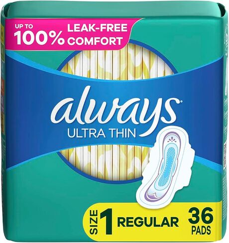 Always Ultra Thin Feminine Pads for Women, Size 1 Regular Absorbency, Multipack, with Wings, Unscented, 36 Count x 2 Packs (72 Count Total) in Saudi Arabia