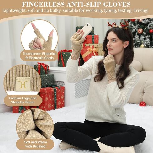 FZ FANTASTIC ZONE Winter Fingerless Gloves for Women Men, Chenille Warm Knit Work Anti-Slip Leather Half Finger Gloves Gifts in Saudi Arabia