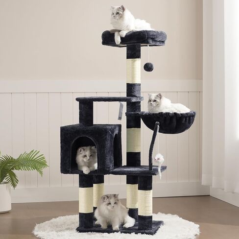 Heybly Cat Tree with Toy, Cat Tower condo for Indoor Cats, Cat House with Padded Plush Perch, Cozy Hammock and Sisal Scratching Posts, Smoky Gray HCT004SG in Kuwait