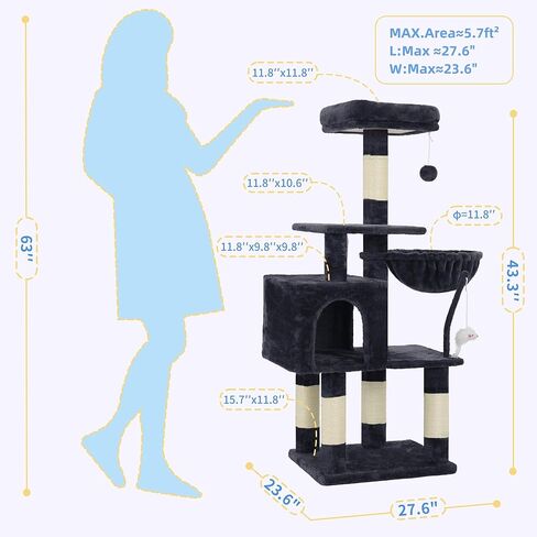 Heybly Cat Tree with Toy, Cat Tower condo for Indoor Cats, Cat House with Padded Plush Perch, Cozy Hammock and Sisal Scratching Posts, Smoky Gray HCT004SG in Kuwait