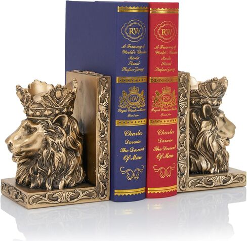 Lion Statue Bookends, 7 inch Resin Exquisite Lion Statue(Set of 2) Heavy Duty Non-Skid Decorative Bookends, Antique Gold Accent Lion Gifts for Men Father Leo Home Office Desk Shelf Decor in Kuwait