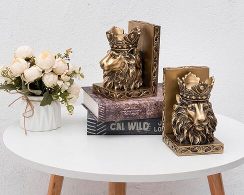 Lion Statue Bookends, 7 inch Resin Exquisite Lion Statue(Set of 2) Heavy Duty Non-Skid Decorative Bookends, Antique Gold Accent Lion Gifts for Men Father Leo Home Office Desk Shelf Decor in Kuwait