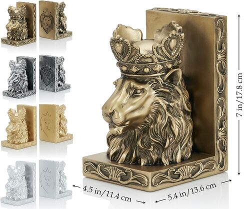 Lion Statue Bookends, 7 inch Resin Exquisite Lion Statue(Set of 2) Heavy Duty Non-Skid Decorative Bookends, Antique Gold Accent Lion Gifts for Men Father Leo Home Office Desk Shelf Decor in Kuwait