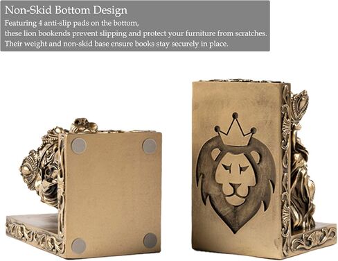 Lion Statue Bookends, 7 inch Resin Exquisite Lion Statue(Set of 2) Heavy Duty Non-Skid Decorative Bookends, Antique Gold Accent Lion Gifts for Men Father Leo Home Office Desk Shelf Decor in Kuwait