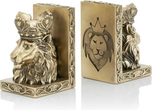 Lion Statue Bookends, 7 inch Resin Exquisite Lion Statue(Set of 2) Heavy Duty Non-Skid Decorative Bookends, Antique Gold Accent Lion Gifts for Men Father Leo Home Office Desk Shelf Decor in Kuwait