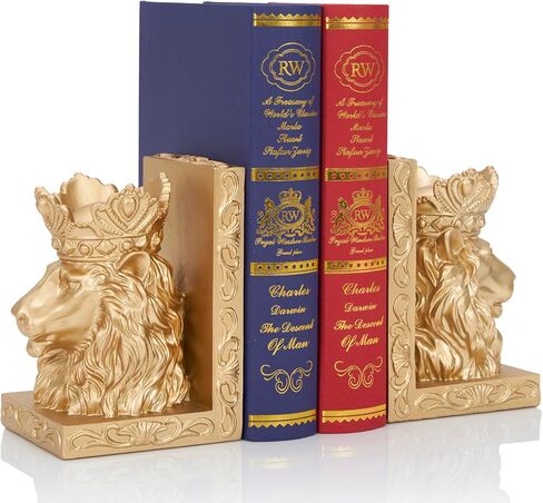Lion Statue Bookends, 7 inch Resin Exquisite Lion Statue(Set of 2) Heavy Duty Non-Skid Decorative Bookends, Antique Gold Accent Lion Gifts for Men Father Leo Home Office Desk Shelf Decor in Kuwait