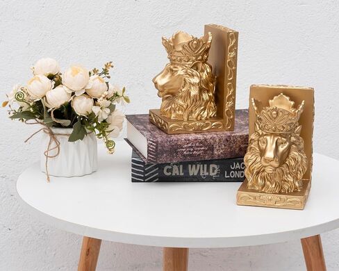 Lion Statue Bookends, 7 inch Resin Exquisite Lion Statue(Set of 2) Heavy Duty Non-Skid Decorative Bookends, Antique Gold Accent Lion Gifts for Men Father Leo Home Office Desk Shelf Decor in Kuwait