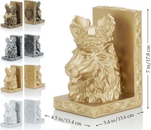 Lion Statue Bookends, 7 inch Resin Exquisite Lion Statue(Set of 2) Heavy Duty Non-Skid Decorative Bookends, Antique Gold Accent Lion Gifts for Men Father Leo Home Office Desk Shelf Decor in Kuwait