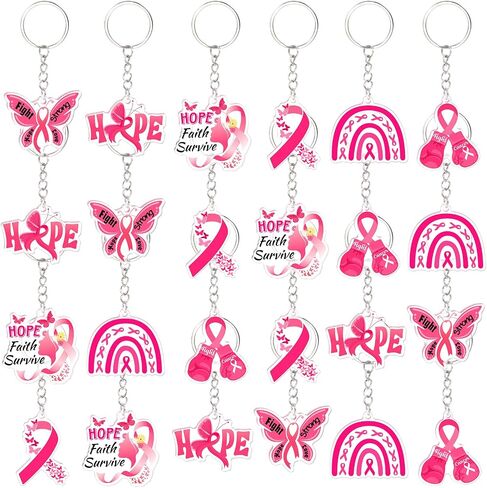 HOWAF 24pcs Breast Cancer Awareness Keychain, Breast Cancer Awareness Accessories, Breast Cancer Gifts Bulk Pink Ribbon Acrylic Key Chain for Women Cancer Survivor Gift for Charity Activities in Saudi Arabia