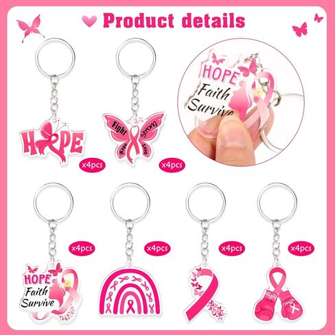 HOWAF 24pcs Breast Cancer Awareness Keychain, Breast Cancer Awareness Accessories, Breast Cancer Gifts Bulk Pink Ribbon Acrylic Key Chain for Women Cancer Survivor Gift for Charity Activities in Saudi Arabia