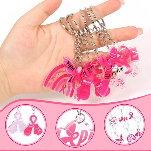 HOWAF 24pcs Breast Cancer Awareness Keychain, Breast Cancer Awareness Accessories, Breast Cancer Gifts Bulk Pink Ribbon Acrylic Key Chain for Women Cancer Survivor Gift for Charity Activities in Saudi Arabia