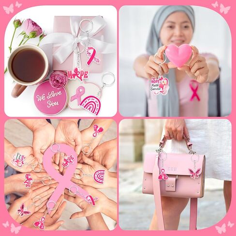 HOWAF 24pcs Breast Cancer Awareness Keychain, Breast Cancer Awareness Accessories, Breast Cancer Gifts Bulk Pink Ribbon Acrylic Key Chain for Women Cancer Survivor Gift for Charity Activities in Saudi Arabia